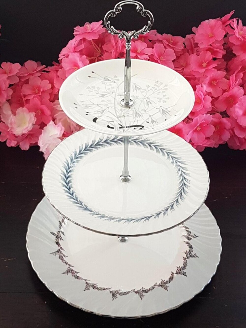 Vintage 3-Tier Tiered Cupcake Stand English Bone China Gray Silver